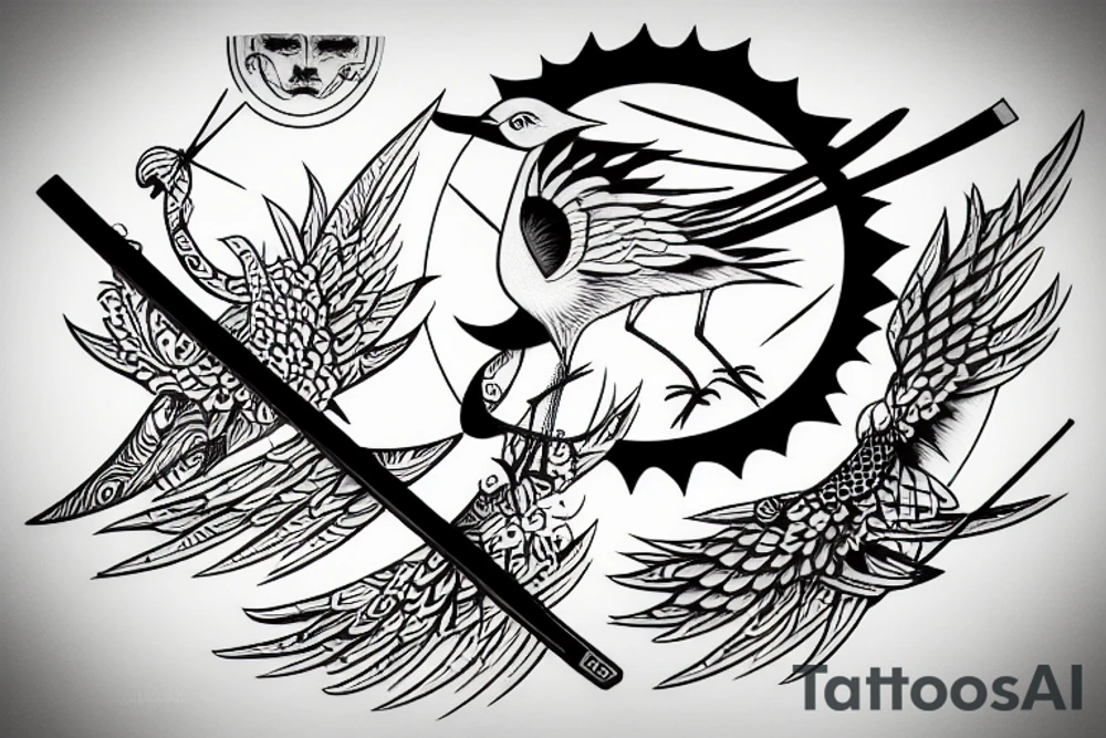crane with a katana in the background of the sun tattoo idea