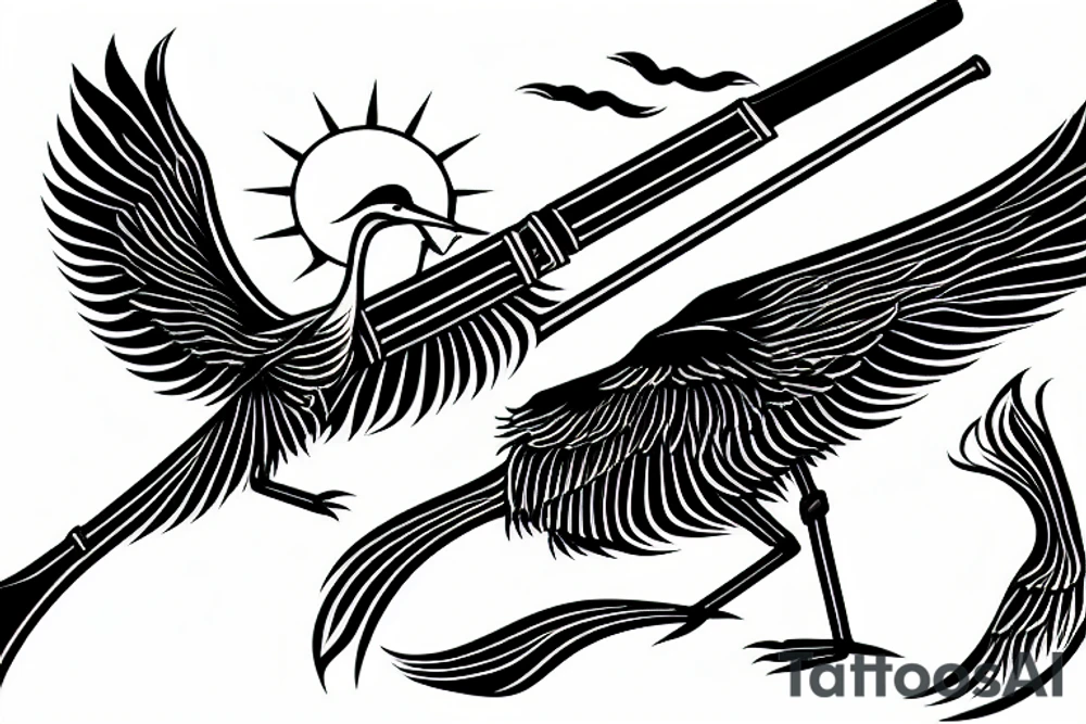 crane with a katana in the background of the sun tattoo idea