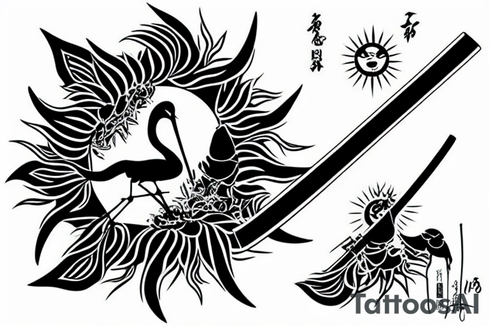 crane with a katana in the background of the sun tattoo idea