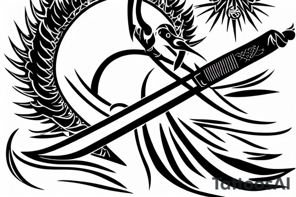 crane with a katana in the background of the sun tattoo idea