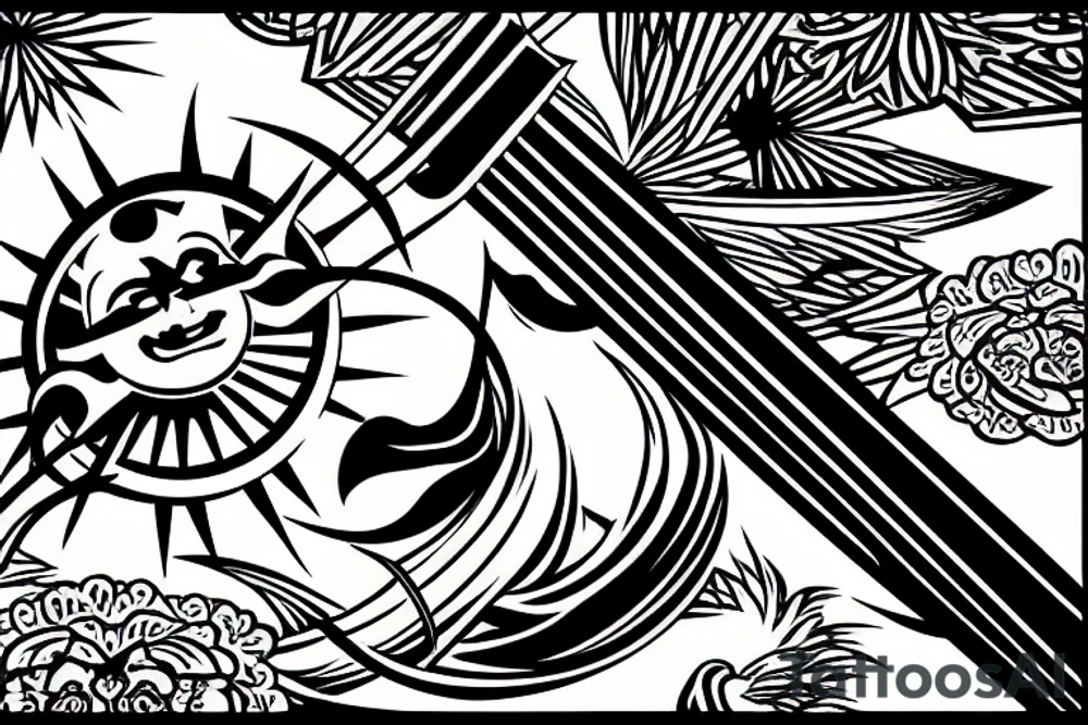 crane with a katana in the background of the sun tattoo idea