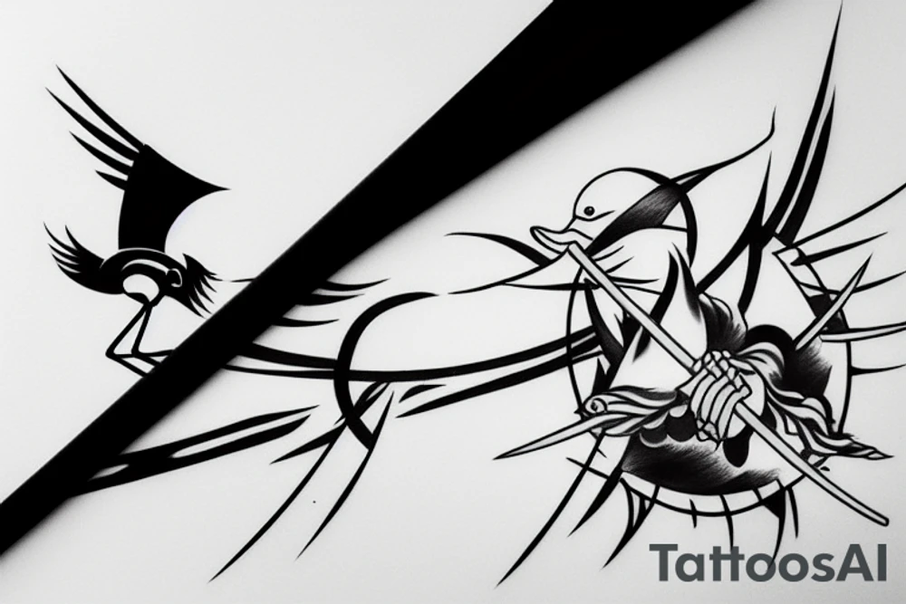 crane with a katana in the background of the sun tattoo idea