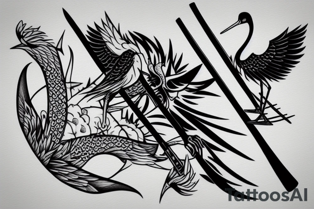 crane with a katana in the background of the sun tattoo idea