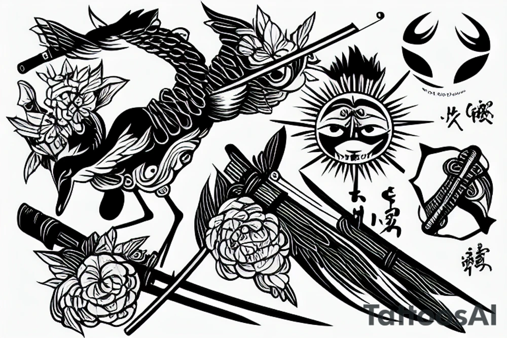 crane with a katana in the background of the sun tattoo idea