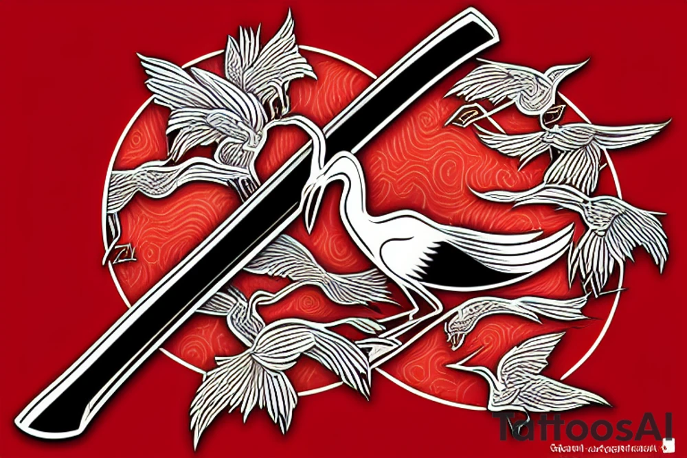 crane with a katana in the background of the red sun tattoo idea