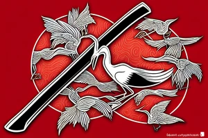 crane with a katana in the background of the red sun tattoo idea