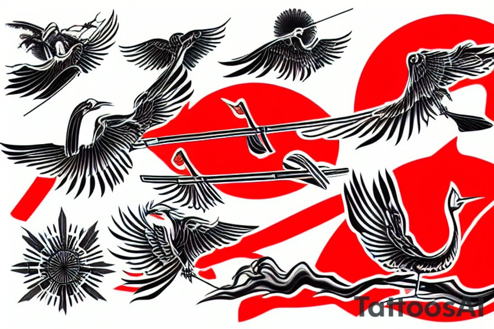 crane with a katana in the background of the red sun tattoo idea