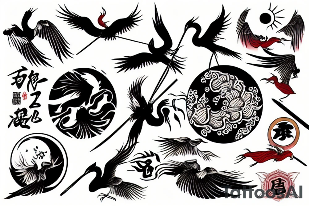 crane, katana and red sun tattoo idea