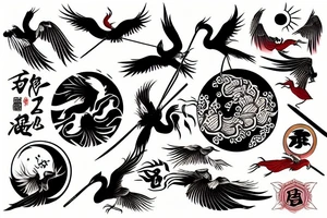 crane, katana and red sun tattoo idea