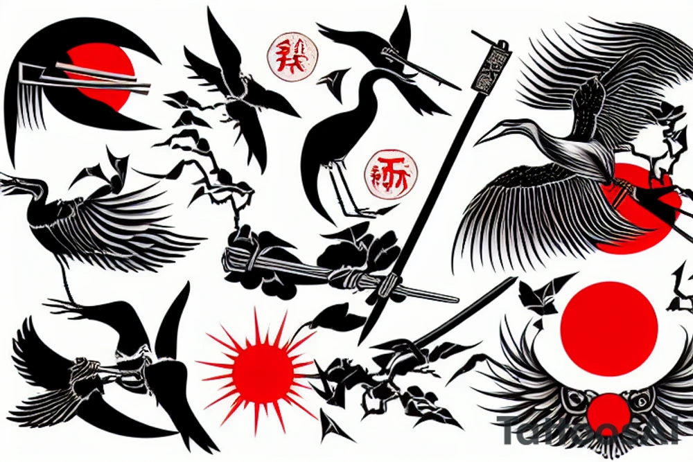 crane, katana and red sun tattoo idea