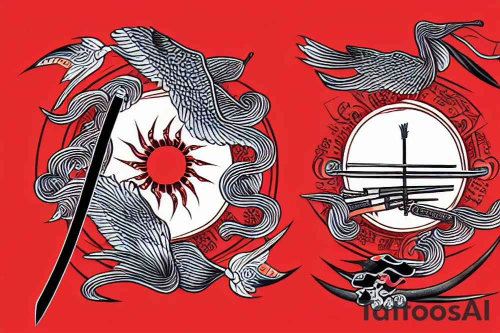 crane holding a katana in front of the red sun tattoo idea
