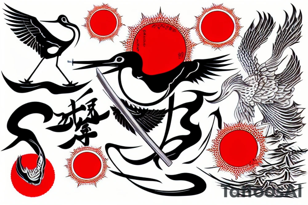 crane holding a katana in front of the red sun tattoo idea