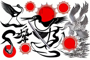 crane holding a katana in front of the red sun tattoo idea