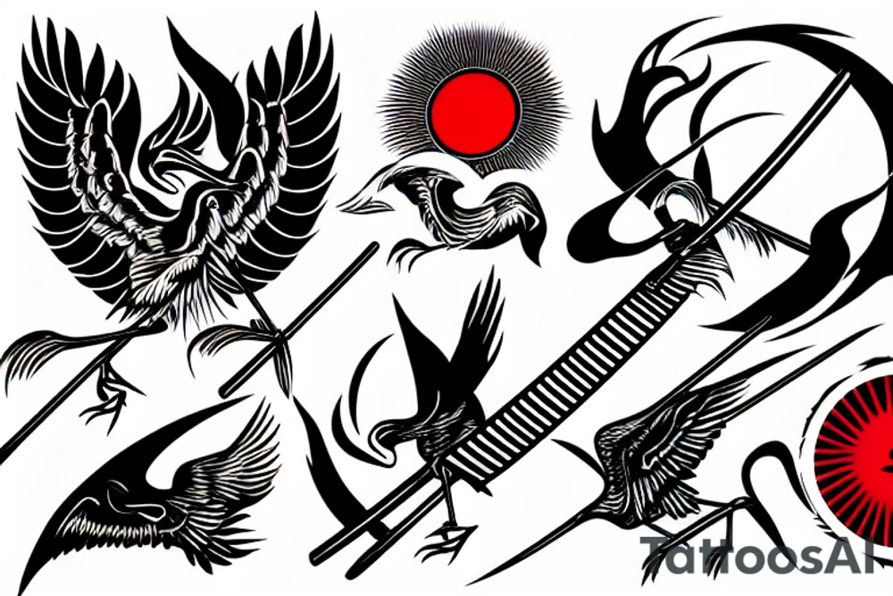 crane holding a katana in front of the red sun tattoo idea