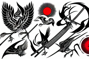 crane holding a katana in front of the red sun tattoo idea
