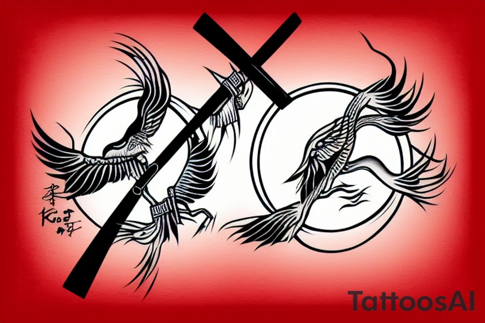 crane holding a katana in front of the red sun tattoo idea