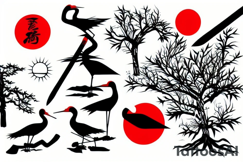 crane, katana, bonsai and red sun tattoo idea