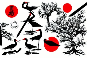 crane, katana, bonsai and red sun tattoo idea