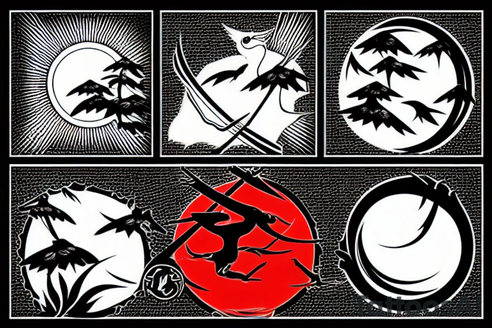 crane, katana, bonsai and red sun tattoo idea