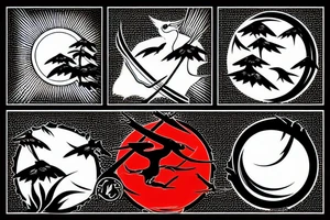 crane, katana, bonsai and red sun tattoo idea
