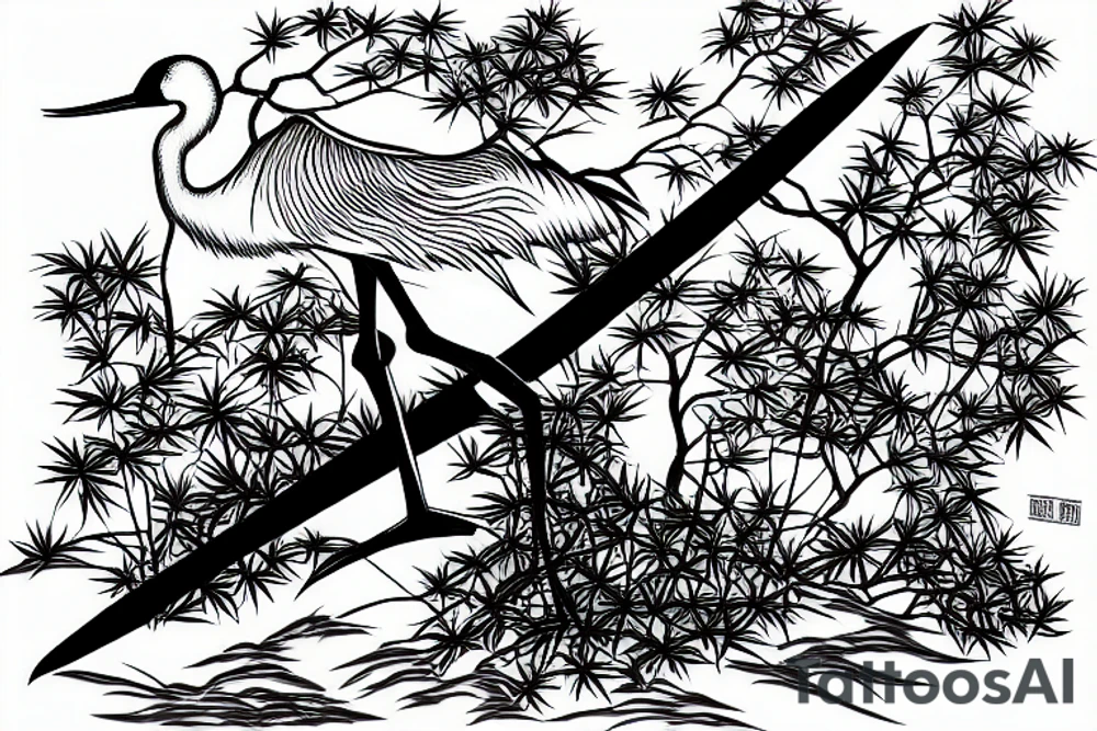 crane standing near bonsai with katana tattoo idea