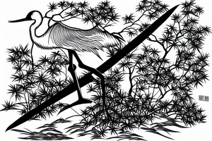 crane standing near bonsai with katana tattoo idea