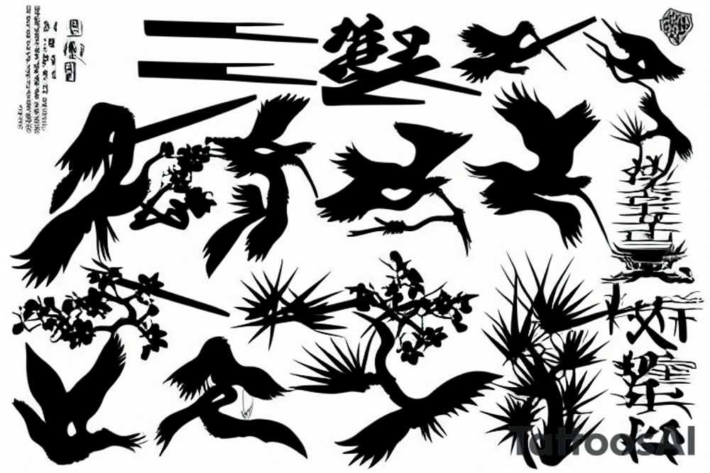 crane standing near bonsai with katana tattoo idea