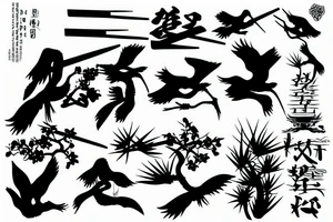 crane standing near bonsai with katana tattoo idea