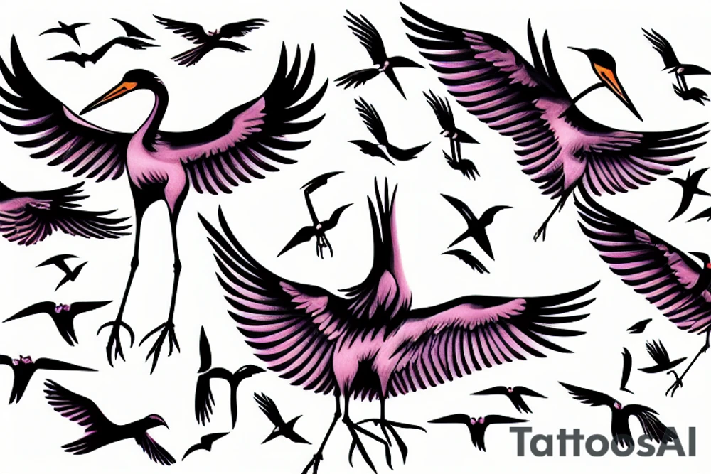 cranes flying near plum branch tattoo idea