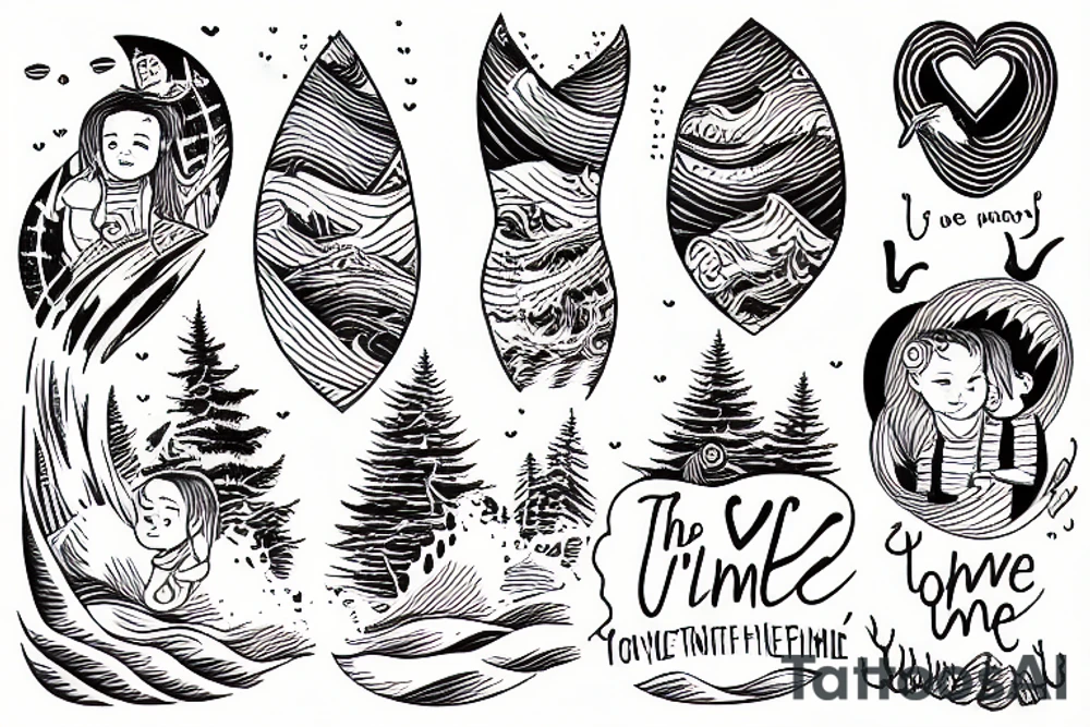 the value of time, love and friendship, four children, three of them girls and one boy among the pines. all this is surrounded by the waves of the ocean tattoo idea
