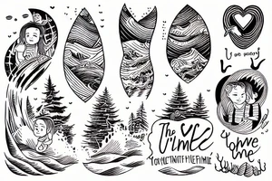 the value of time, love and friendship, four children, three of them girls and one boy among the pines. all this is surrounded by the waves of the ocean tattoo idea