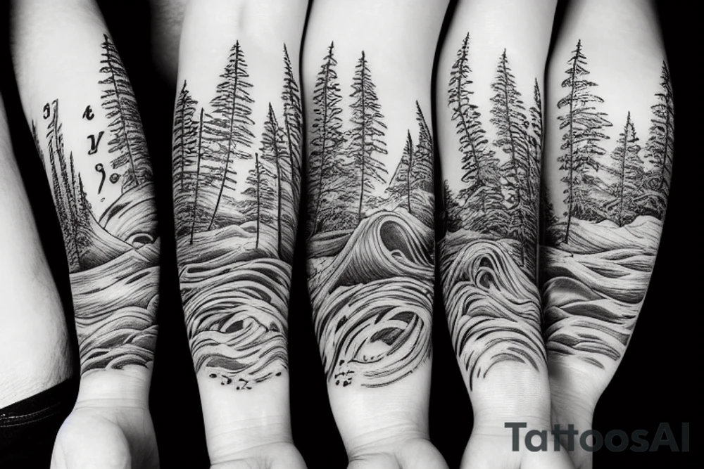 the value of time, love and friendship, four children, three of them girls and one boy among the pines. all this is surrounded by the waves of the ocean tattoo idea