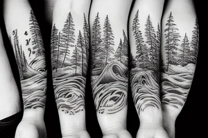 the value of time, love and friendship, four children, three of them girls and one boy among the pines. all this is surrounded by the waves of the ocean tattoo idea