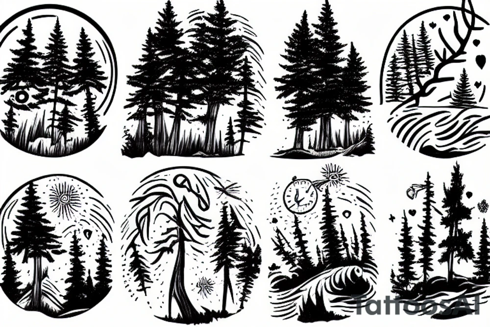 the value of time, love and friendship, dancing, pine trees, ocean waves tattoo idea