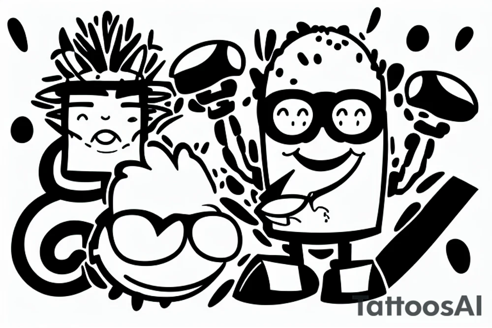 Animated Cartoon Coconut hero with glasses , arms and legs, smiling tattoo idea
