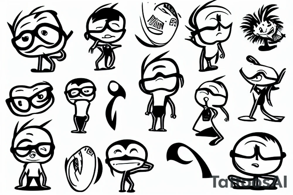 Animated Cartoon Coconut hero with glasses , arms and legs, smiling tattoo idea