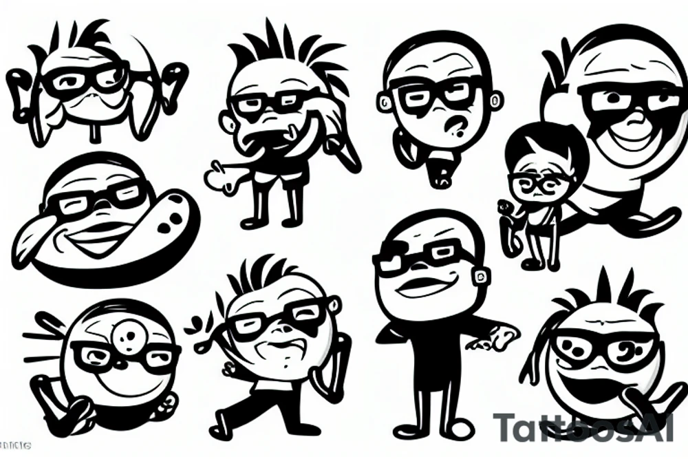 Animated Cartoon Coconut hero with glasses , arms and legs, smiling tattoo idea