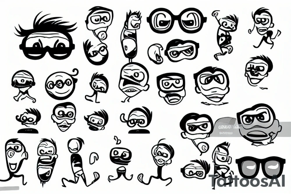 Animated  Cartoon Coconut hero with glasses , arms and legs, smiling and dancing tattoo idea