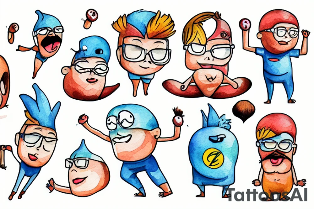 Animated  Cartoon Coconut hero with glasses , arms and legs, smiling and dancing tattoo idea