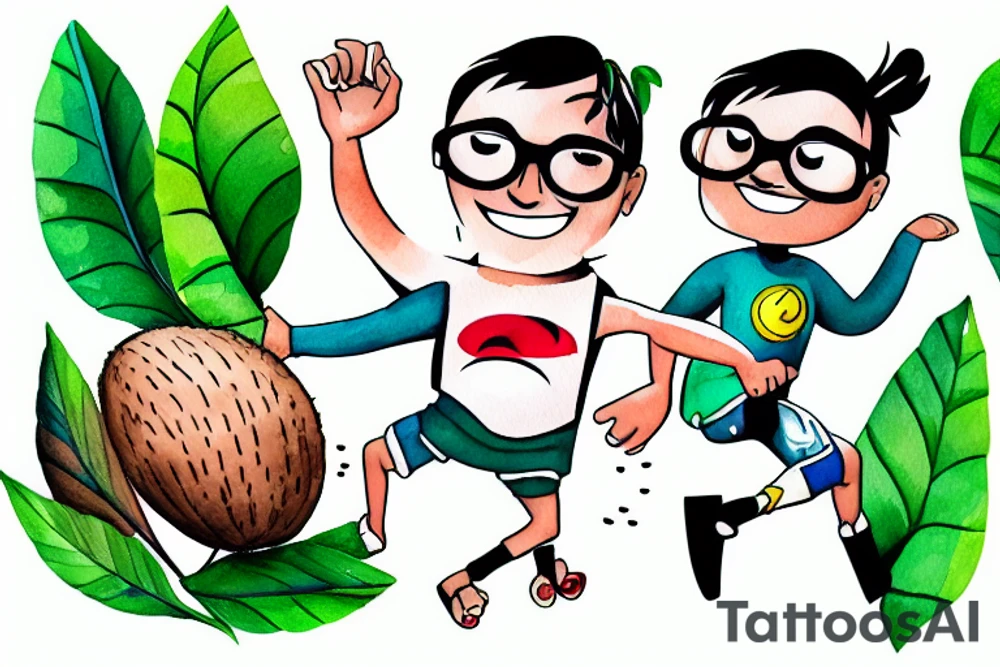 Animated  Cartoon Coconut hero with glasses , arms and legs, smiling and dancing tattoo idea