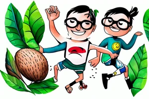 Animated  Cartoon Coconut hero with glasses , arms and legs, smiling and dancing tattoo idea