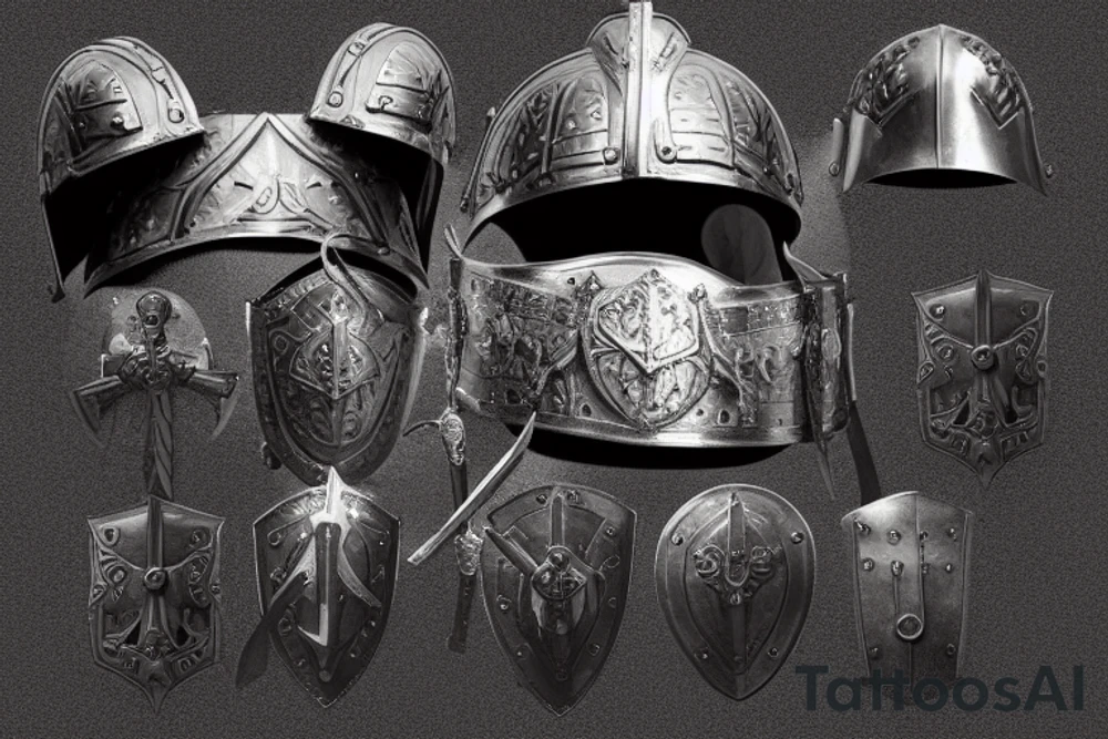 historic, ancient, warrior, strong, armour of god, soldier of christ, full armour, belt, belt of truth, breastplate, breastplate of righteousness, shield, shield of faith, extinguish flaming arrows, helmet, helmet of salvation, sword, sword of the spirit tattoo idea
