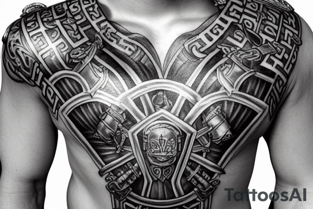 historic, ancient, warrior, strong, armour of god, soldier of christ, full armour, belt, belt of truth, breastplate, breastplate of righteousness, shield, shield of faith, extinguish flaming arrows, helmet, helmet of salvation, sword, sword of the spirit tattoo idea