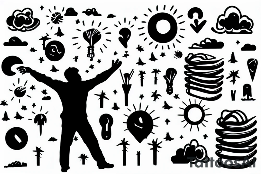 A hardwork man standing in a field alone with storys in the sky flashing out tattoo idea