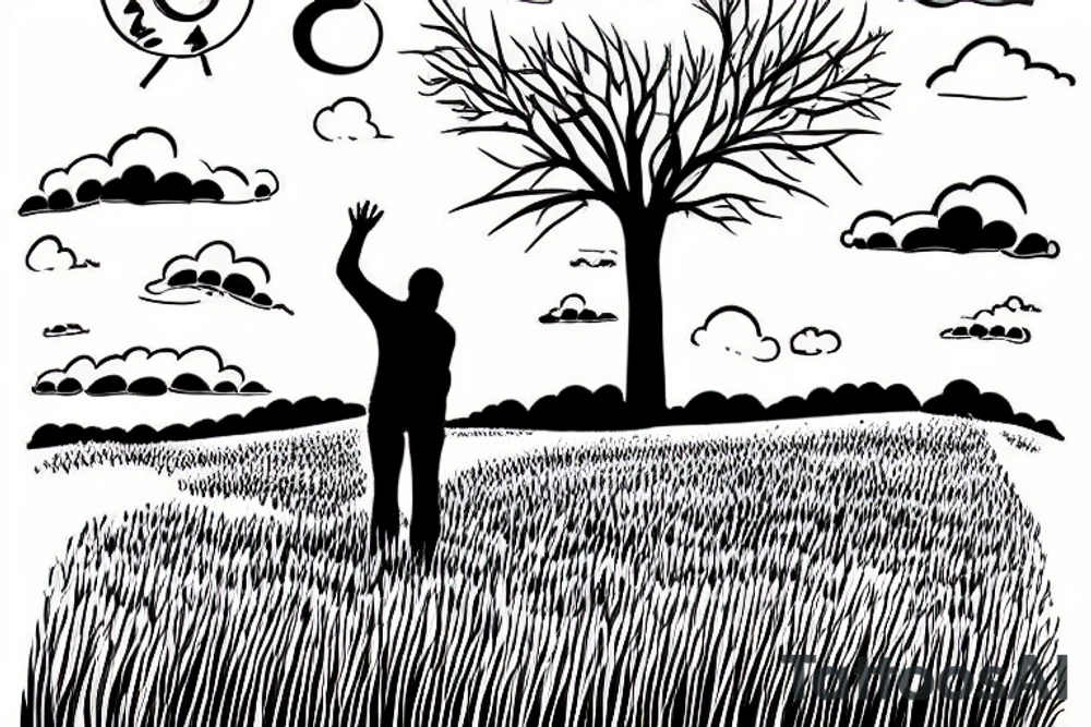 A hardwork man standing in a field alone looking at the sky tattoo idea
