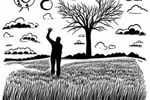 A hardwork man standing in a field alone looking at the sky tattoo idea