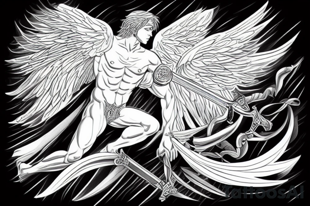 A strong male Angel with wings , holding a sword in dynamic pose, highly rendered, high detail tattoo idea