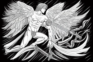 A strong male Angel with wings , holding a sword in dynamic pose, highly rendered, high detail tattoo idea