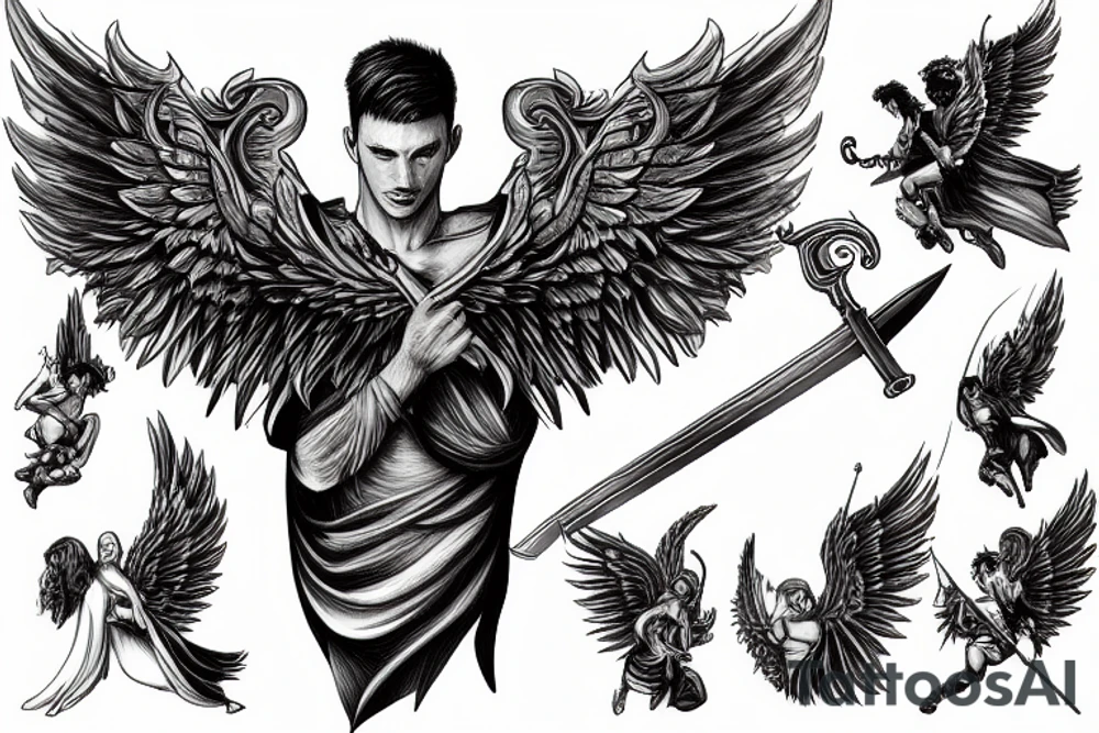 A strong male Angel with wings , holding a sword in dynamic pose, highly rendered, high detail tattoo idea