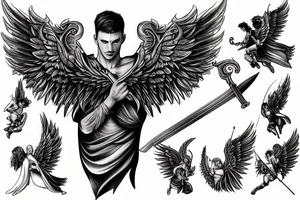 A strong male Angel with wings , holding a sword in dynamic pose, highly rendered, high detail tattoo idea